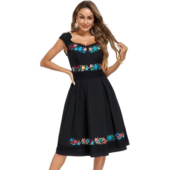 maxi elegant black evening dresses Spring Temperament Black Maxi Dress And Elegant High Neck Long Sleeve Dress with Floral Accent (MA220), Black / XXL